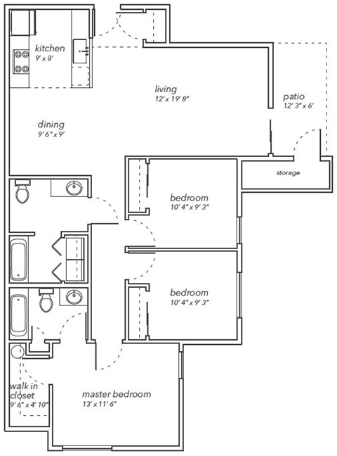 A floor plan of a house with a living room, two bedrooms, a dining room, a kitchen, and a walk-in closet.